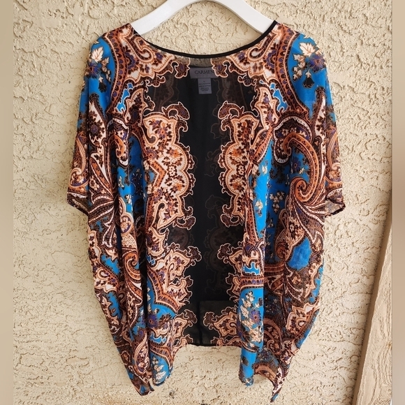 Carmen Carmen Marc Valvo Black, Blue, and Orange See Through Floral Print Flowy - Picture 2 of 8